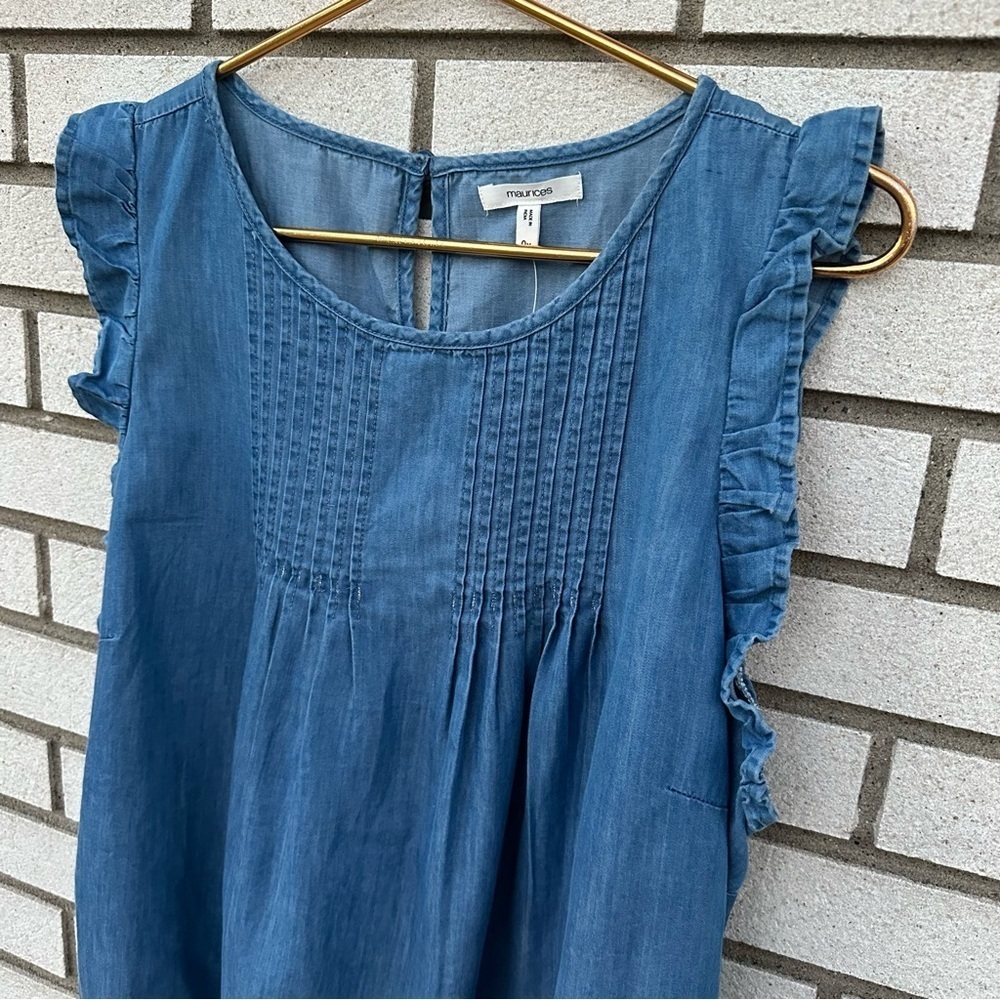 Maurices Chambray Pleated Flutter Sleeve Tank Lyocell Denim Blouse 0X NWT - Picture 3 of 11